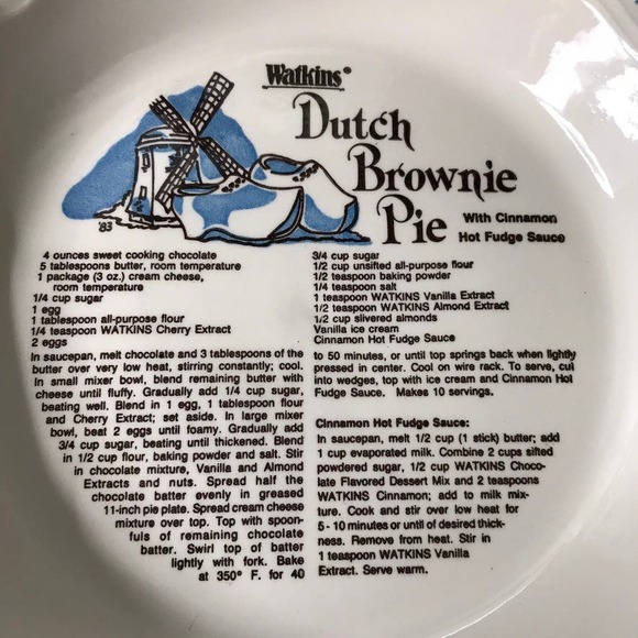 Vintage Watkins Pie Dish Bowl 1983 Dutch Brownie Pie Recipe #6482 Made in USA - Picture 4 of 8